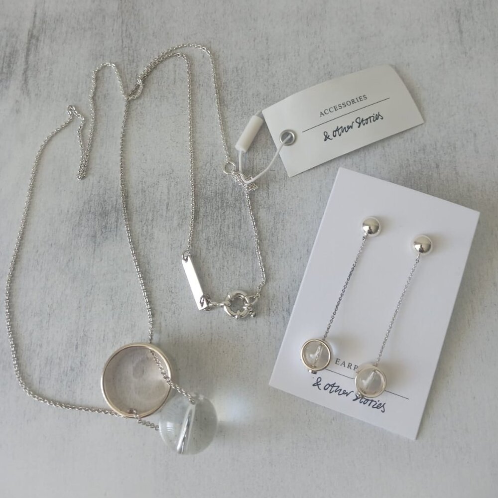 & OTHER STORIES Set of ORB PENDANT EARRINGS SILVER & Clear and Matched Necklace - Picture 2 of 11